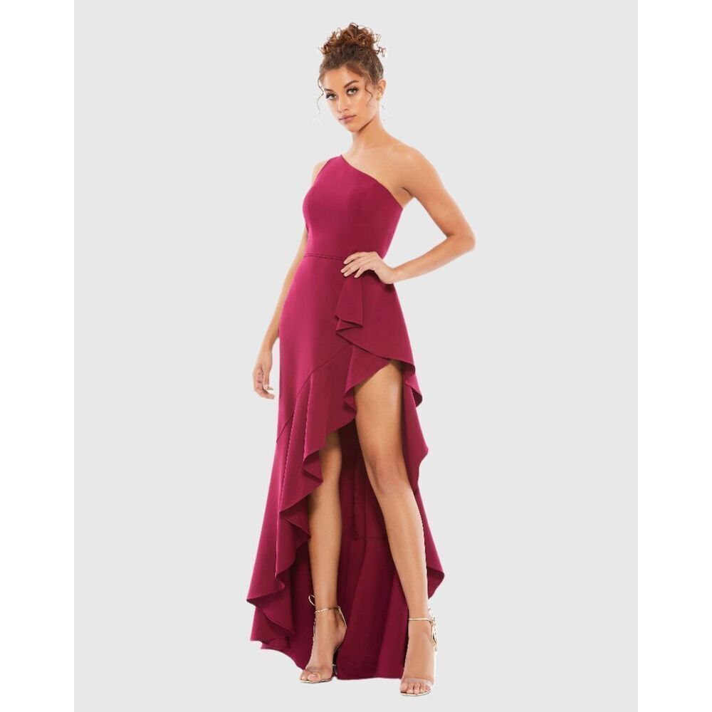 Mac Duggal Berry One Shoulder High Slit Ruffle Gown 49089 New Nwt